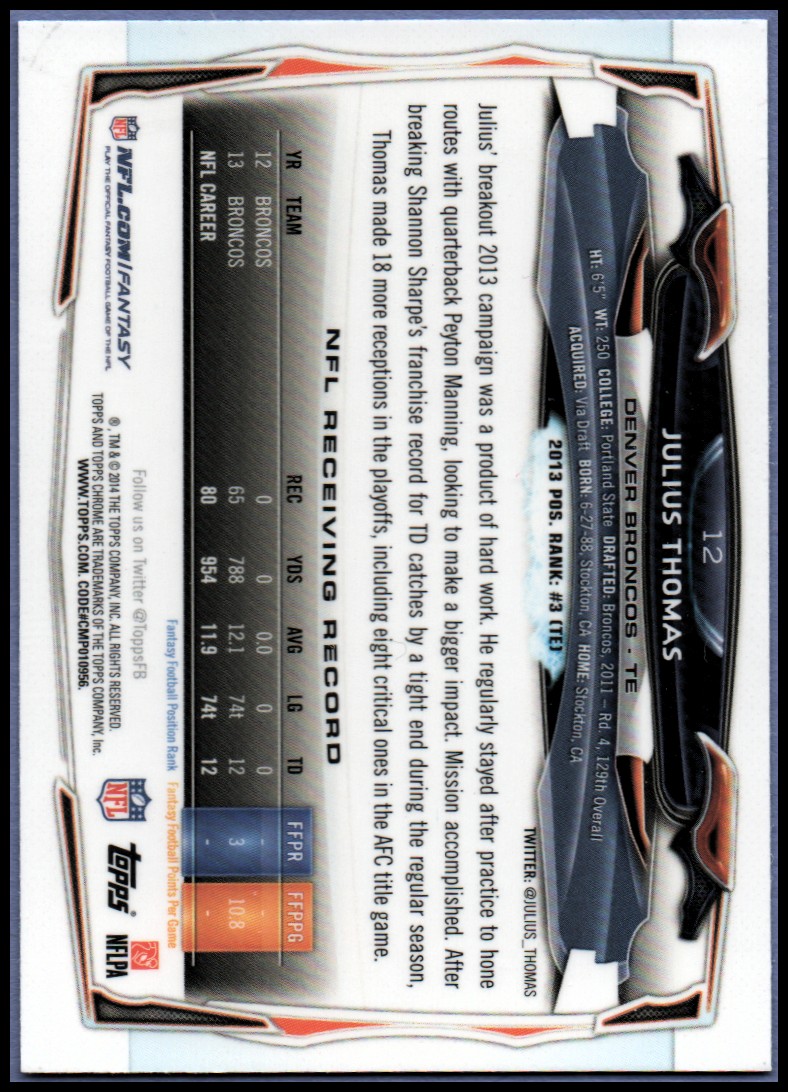 2014 Topps Chrome Football Part 1 Main Set Cards #1 to #220 - Picture 25 of 415