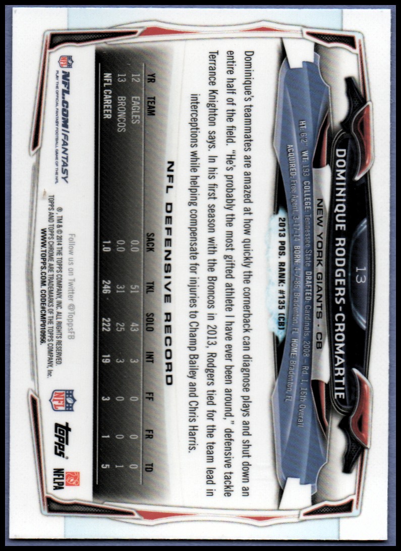 2014 Topps Chrome Football Part 1 Main Set Cards #1 to #220 - Picture 27 of 415