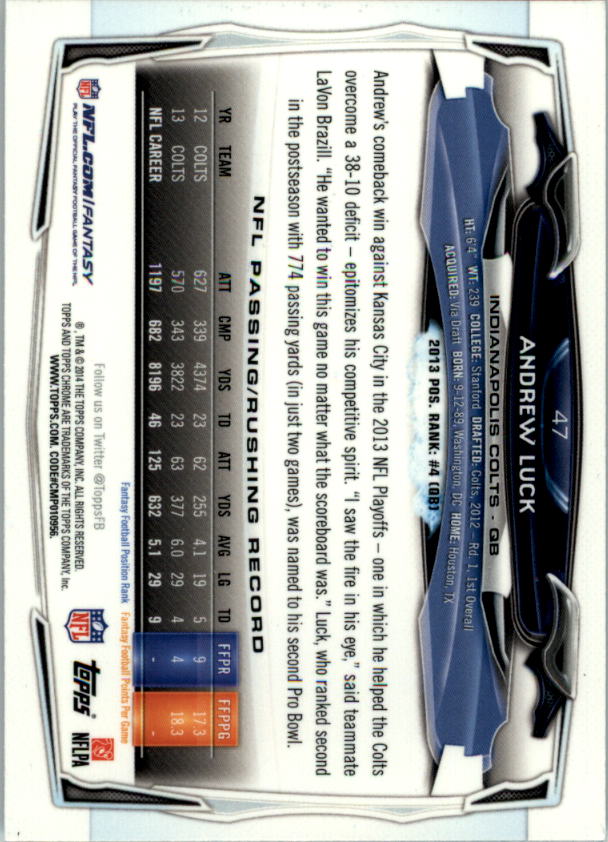 2014 Topps Chrome Football Part 1 Main Set Cards #1 to #220 - Picture 93 of 415