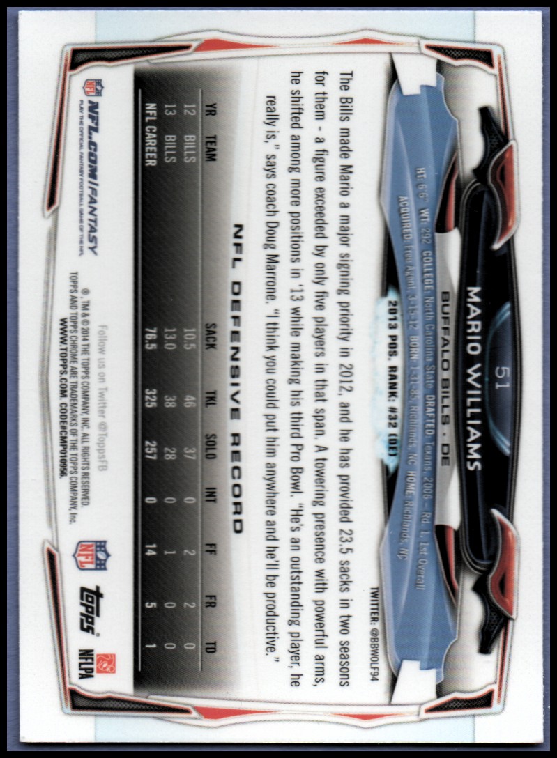2014 Topps Chrome Football Part 1 Main Set Cards #1 to #220 - Picture 101 of 415