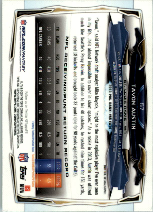 2014 Topps Chrome Football Part 1 Main Set Cards #1 to #220 - Picture 113 of 415