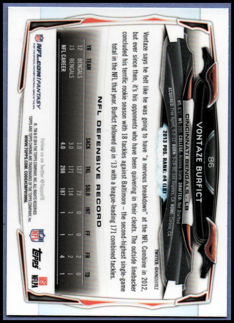 2014 Topps Chrome Football Part 1 Main Set Cards #1 to #220 - Picture 171 of 415