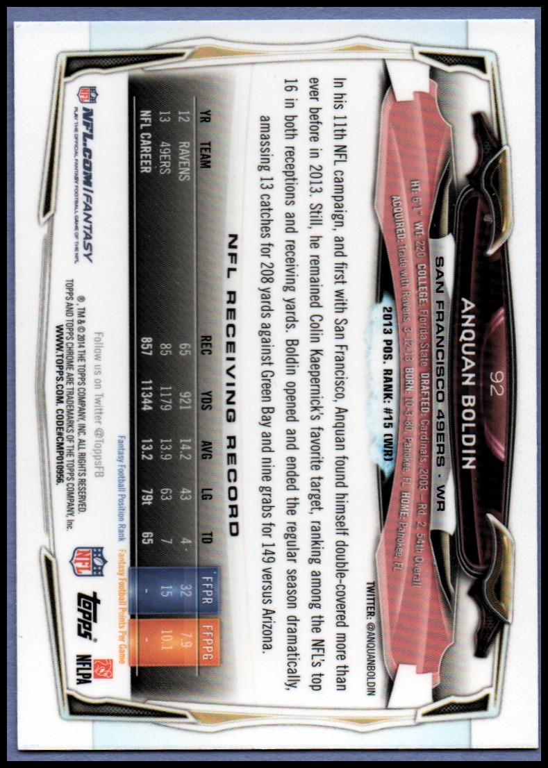 2014 Topps Chrome Football Part 1 Main Set Cards #1 to #220 - Picture 183 of 415