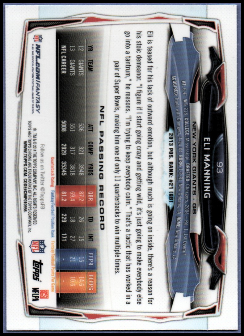 2014 Topps Chrome Football Part 1 Main Set Cards #1 to #220 - Picture 185 of 415