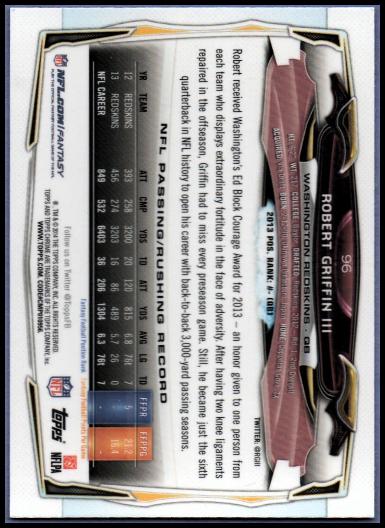 2014 Topps Chrome Football Part 1 Main Set Cards #1 to #220 - Picture 191 of 415
