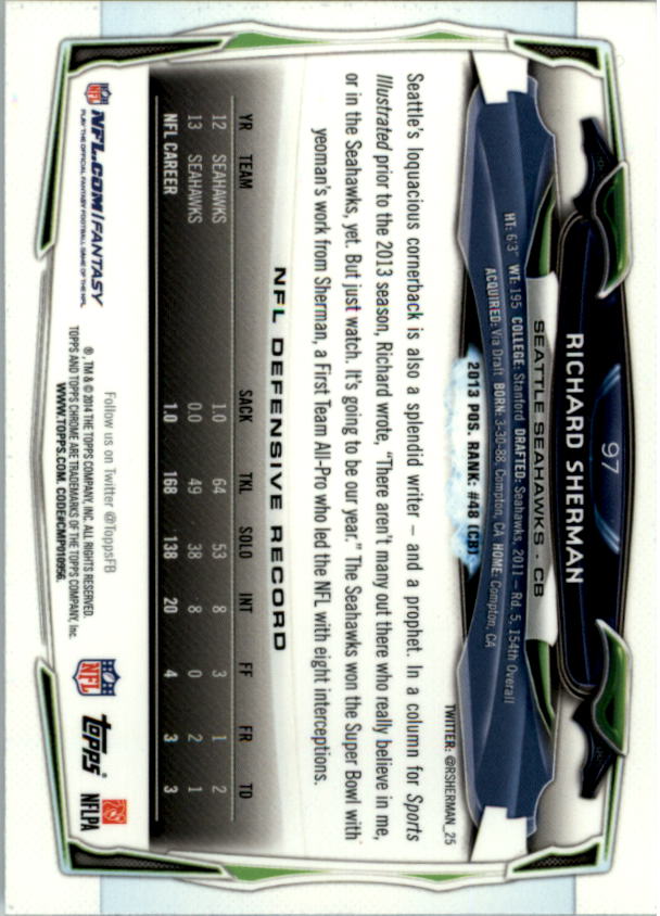 2014 Topps Chrome Football Part 1 Main Set Cards #1 to #220 - Picture 193 of 415