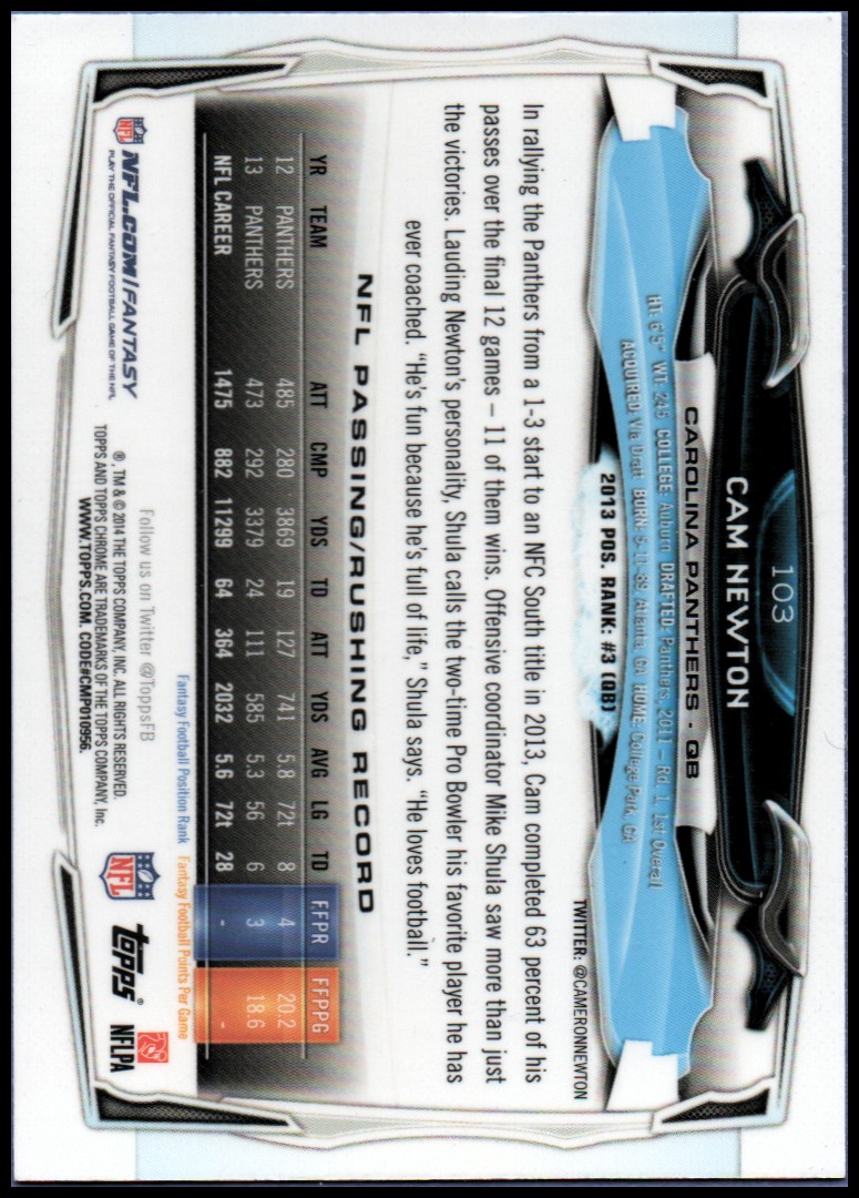 2014 Topps Chrome Football Part 1 Main Set Cards #1 to #220 - Picture 203 of 415