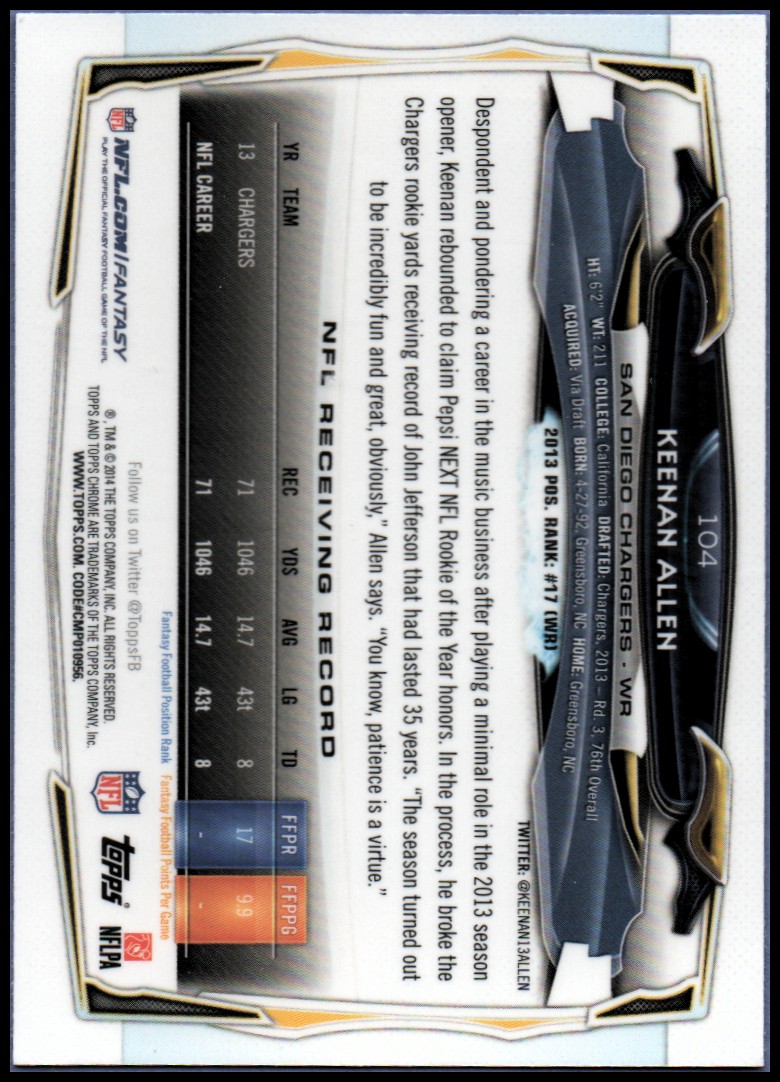 2014 Topps Chrome Football Part 1 Main Set Cards #1 to #220 - Picture 205 of 415