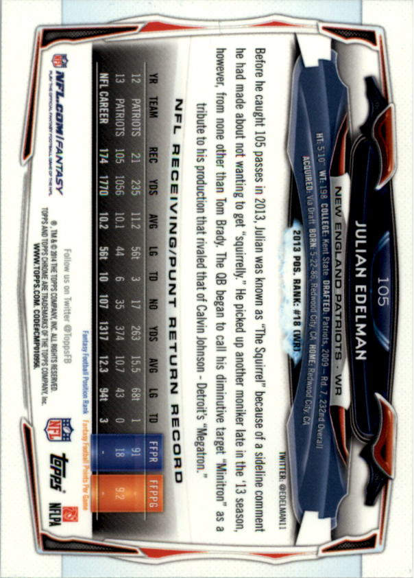 2014 Topps Chrome Football Part 1 Main Set Cards #1 to #220 - Picture 207 of 415