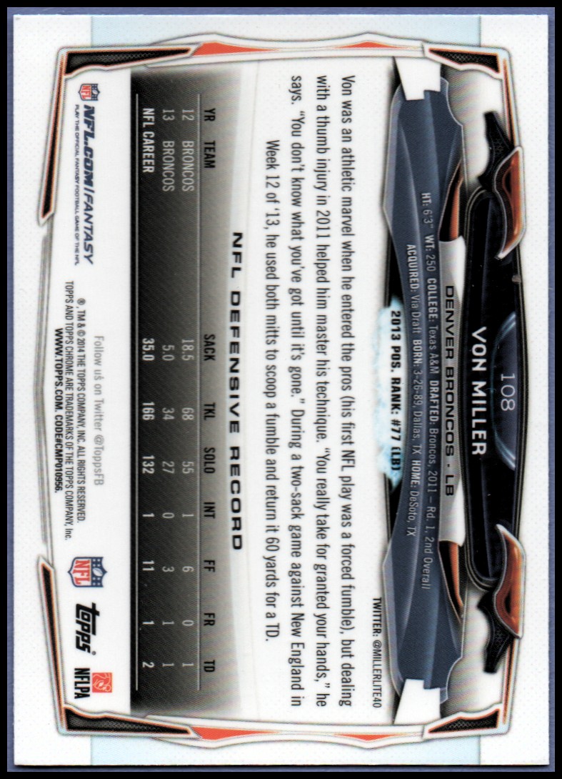 2014 Topps Chrome Football Part 1 Main Set Cards #1 to #220 - Picture 213 of 415