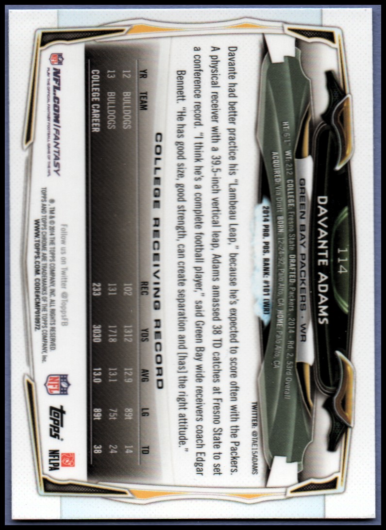 2014 Topps Chrome Football Part 1 Main Set Cards #1 to #220 - Picture 223 of 415