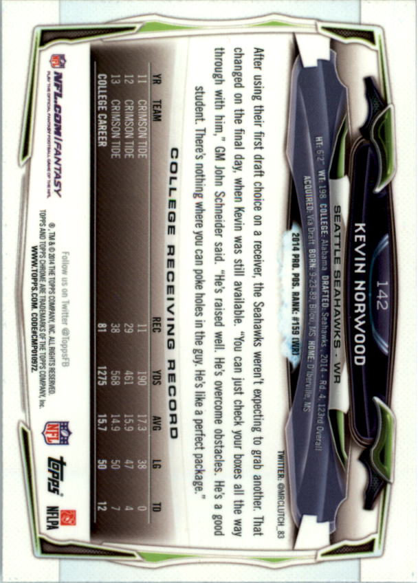 2014 Topps Chrome Football Part 1 Main Set Cards #1 to #220 - Picture 275 of 415