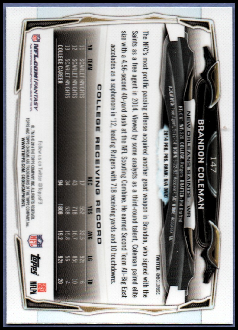 2014 Topps Chrome Football Part 1 Main Set Cards #1 to #220 - Picture 283 of 415