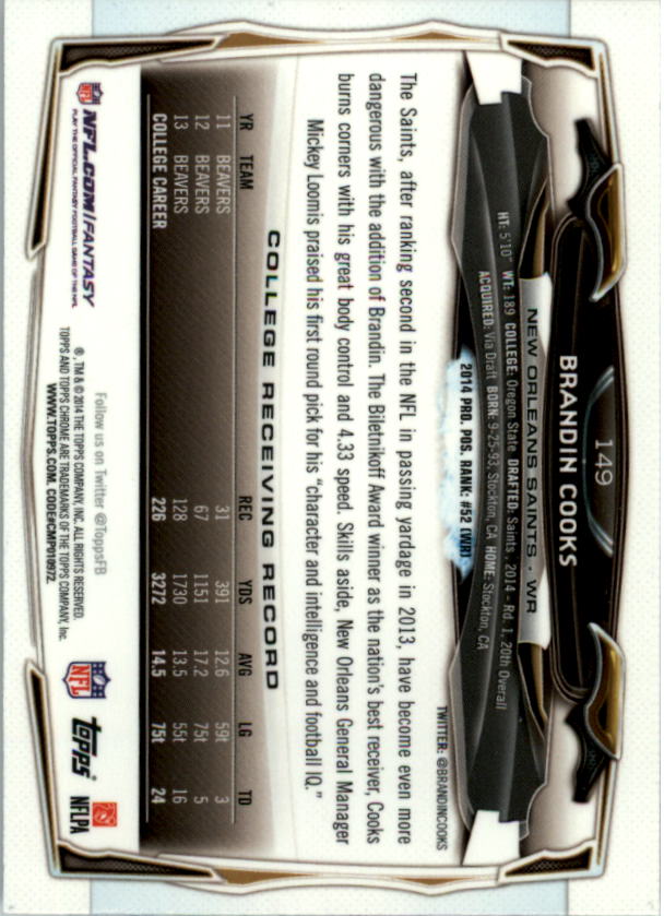 2014 Topps Chrome Football Part 1 Main Set Cards #1 to #220 - Picture 287 of 415