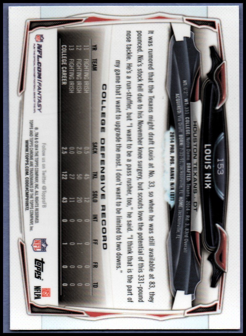 2014 Topps Chrome Football Part 1 Main Set Cards #1 to #220 - Picture 293 of 415