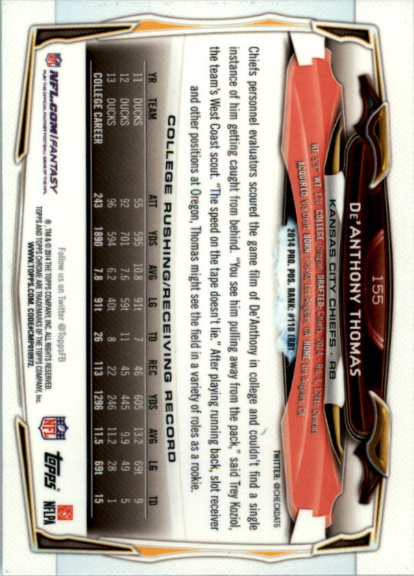 2014 Topps Chrome Football Part 1 Main Set Cards #1 to #220 - Picture 297 of 415