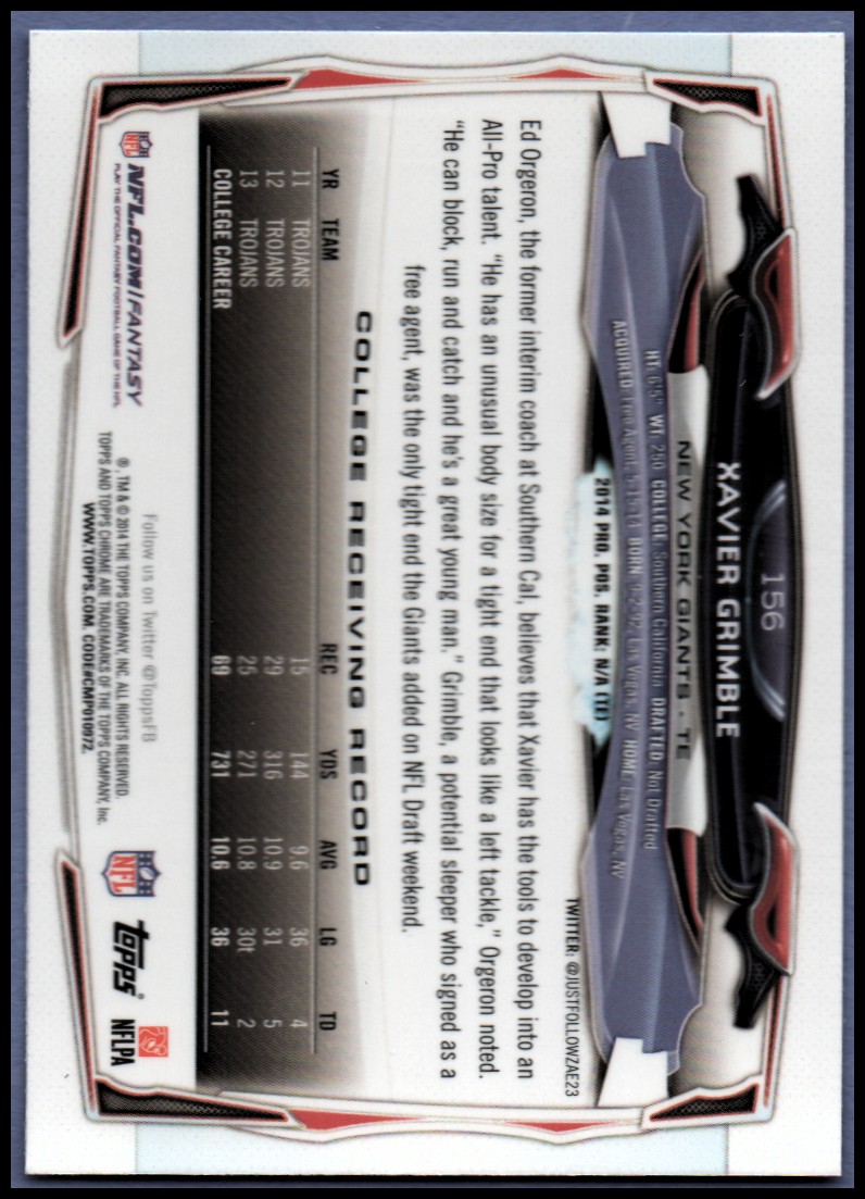 2014 Topps Chrome Football Part 1 Main Set Cards #1 to #220 - Picture 299 of 415