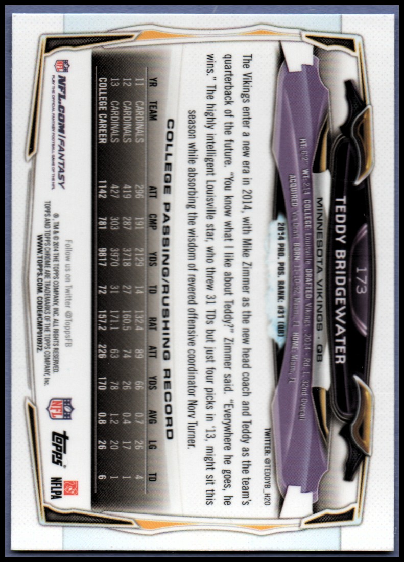 2014 Topps Chrome Football Part 1 Main Set Cards #1 to #220 - Picture 329 of 415