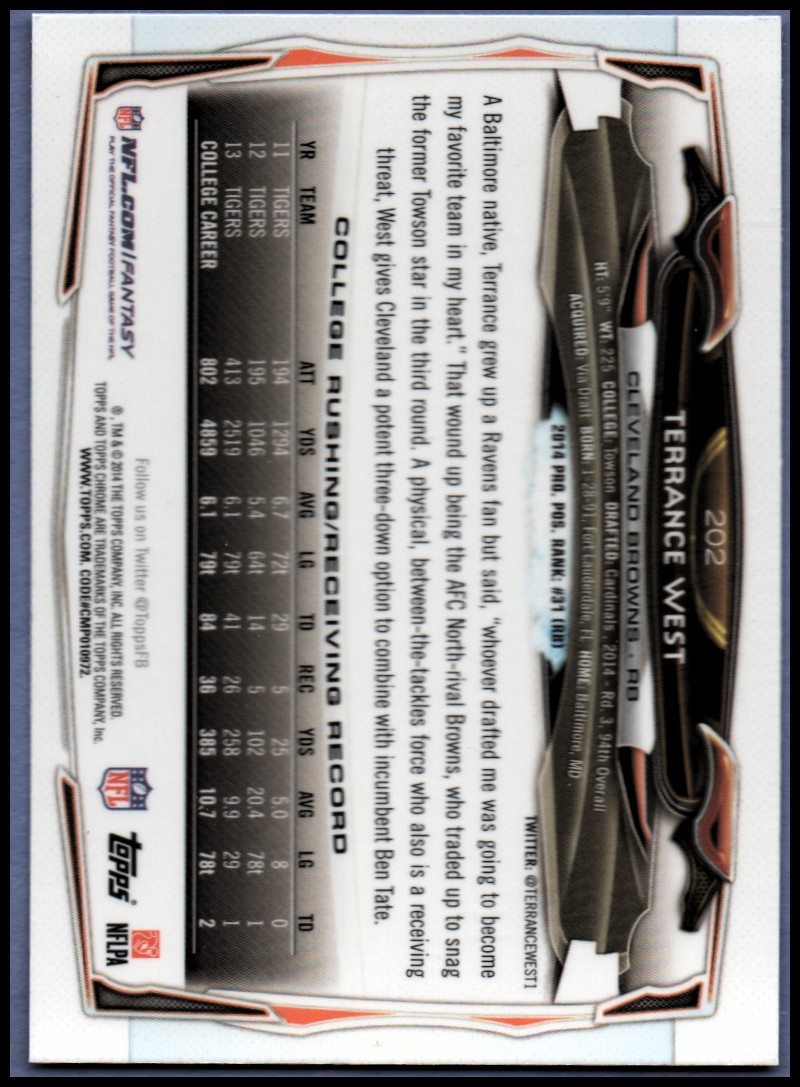 2014 Topps Chrome Football Part 1 Main Set Cards #1 to #220 - Picture 383 of 415