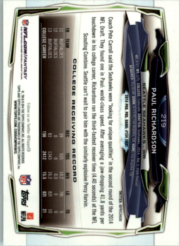2014 Topps Chrome Football Part 1 Main Set Cards #1 to #220 - Picture 415 of 415