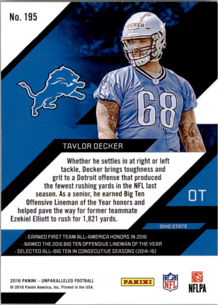 Taylor Decker 2016 Panini Unparalleled Detroit Lions Rookie Card