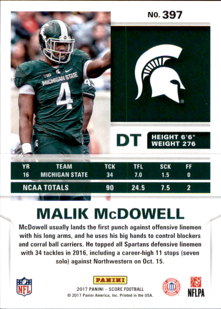 rookie fútbol card!!! Malik mcdowell, #397 2017 Panini score