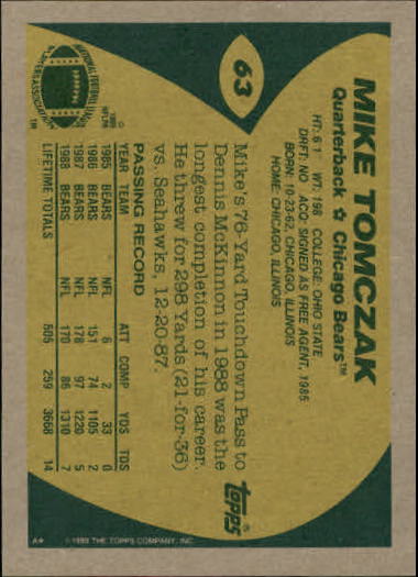 1989 Topps Football "Main Set" Cards #1 to #200 Rookies and Veterans - Picture 117 of 387