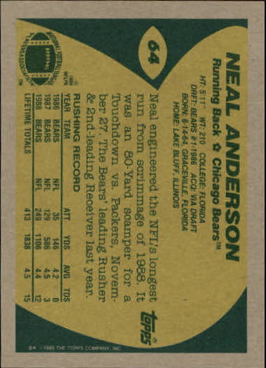 1989 Topps Football "Main Set" Cards #1 to #200 Rookies and Veterans - Picture 119 of 387