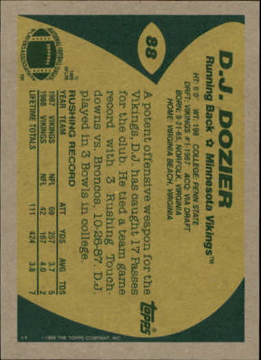 1989 Topps Football "Main Set" Cards #1 to #200 Rookies and Veterans - Picture 167 of 387