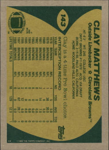 1989 Topps Football "Main Set" Cards #1 to #200 Rookies and Veterans - Picture 275 of 387