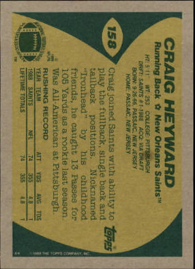 1989 Topps Football "Main Set" Cards #1 to #200 Rookies and Veterans - Picture 303 of 387