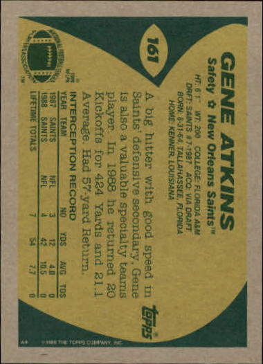 1989 Topps Football "Main Set" Cards #1 to #200 Rookies and Veterans - Picture 309 of 387
