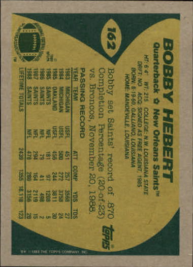 1989 Topps Football "Main Set" Cards #1 to #200 Rookies and Veterans - Picture 311 of 387