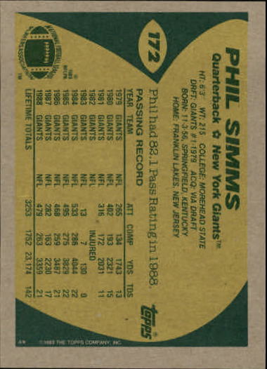 1989 Topps Football "Main Set" Cards #1 to #200 Rookies and Veterans - Picture 331 of 387