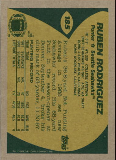 1989 Topps Football "Main Set" Cards #1 to #200 Rookies and Veterans - Picture 357 of 387
