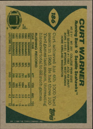 1989 Topps Football "Main Set" Cards #1 to #200 Rookies and Veterans - Picture 359 of 387