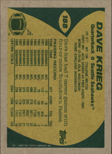 1989 Topps Football "Main Set" Cards #1 to #200 Rookies and Veterans - Picture 363 of 387