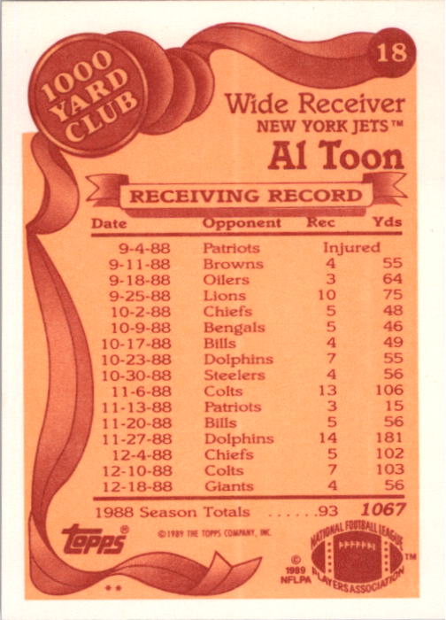 1989 Topps Football "1000 Yard Club" Insert Cards - Picture 37 of 47