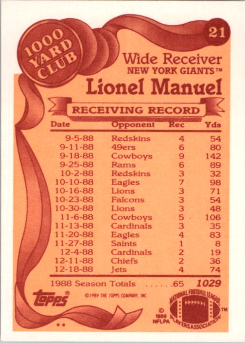 1989 Topps Football "1000 Yard Club" Insert Cards - Picture 43 of 47