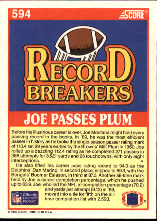 1990 Score Football "Main Set" Cards #441 to #660 Rookies and Veterans - Picture 301 of 427