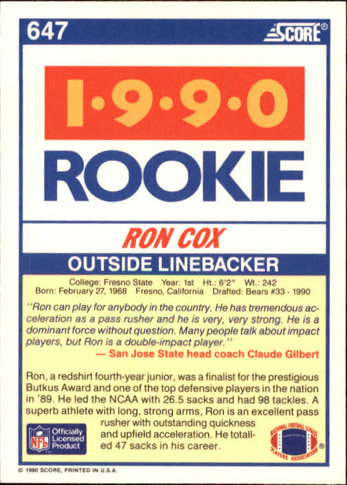 1990 Score Football "Main Set" Cards #441 to #660 Rookies and Veterans - Picture 401 of 427