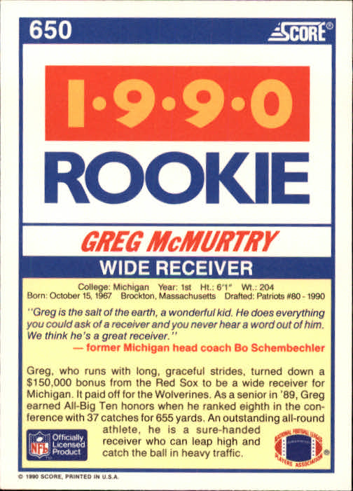 1990 Score Football "Main Set" Cards #441 to #660 Rookies and Veterans - Picture 407 of 427