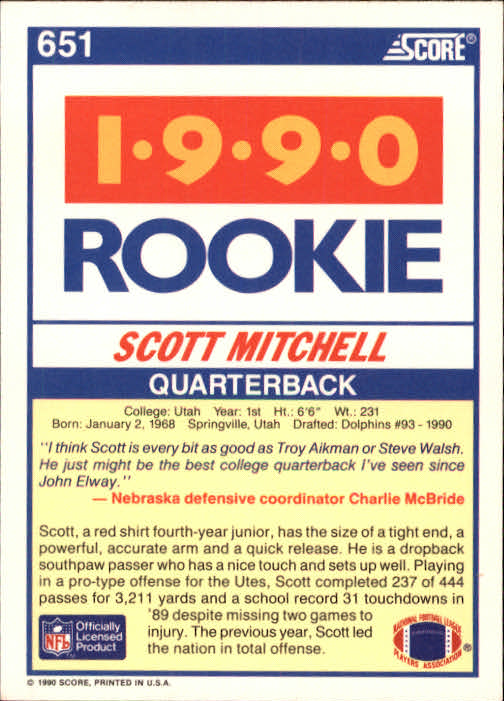 1990 Score Football "Main Set" Cards #441 to #660 Rookies and Veterans - Picture 409 of 427