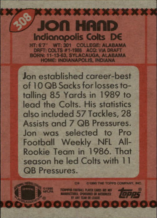 1990 Topps Football "Main Set" Cards #201 to #400 Rookies and Veterans - Picture 211 of 389