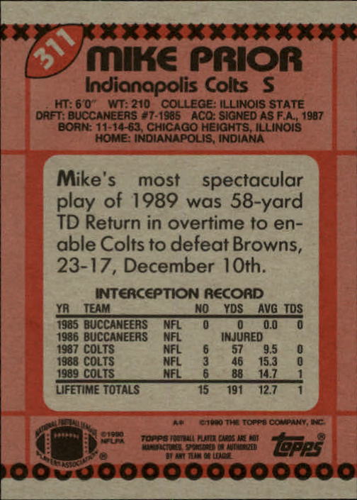 1990 Topps Football "Main Set" Cards #201 to #400 Rookies and Veterans - Picture 217 of 389