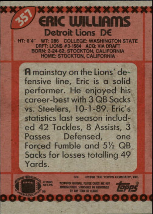 1990 Topps Football "Main Set" Cards #201 to #400 Rookies and Veterans - Picture 307 of 389