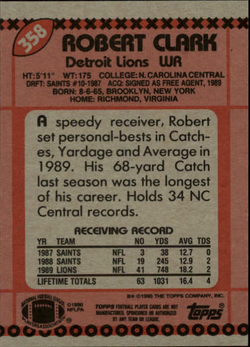 1990 Topps Football "Main Set" Cards #201 to #400 Rookies and Veterans - Picture 309 of 389