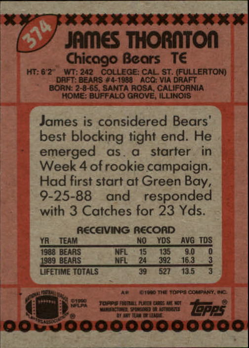 1990 Topps Football "Main Set" Cards #201 to #400 Rookies and Veterans - Picture 341 of 389