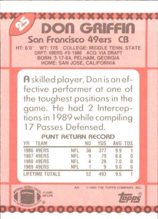 : 1988 Topps #50 Don Griffin 49ers NFL Football : Collectibles &  Fine Art