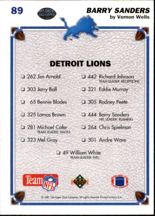 1991 Upper Deck Football "Main Set" Cards #1 to #250 Rookies and Veterans - Picture 177 of 495